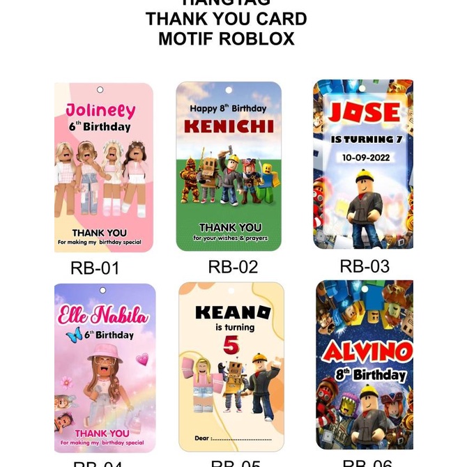 Hangtag Kartu Ucapan Terima Kasih Ulang Tahun Anak Motif Roblox