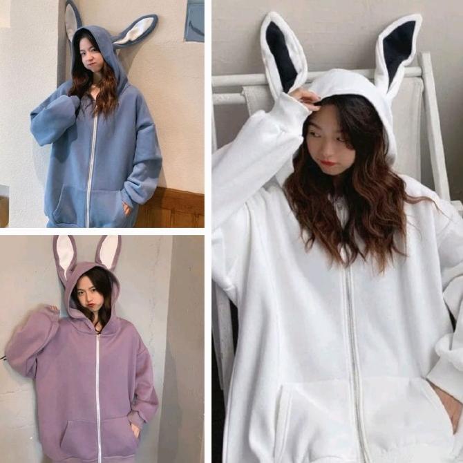 jaket hoodie wanita hoody telinga kuping kelinci rabbit lucu bagus