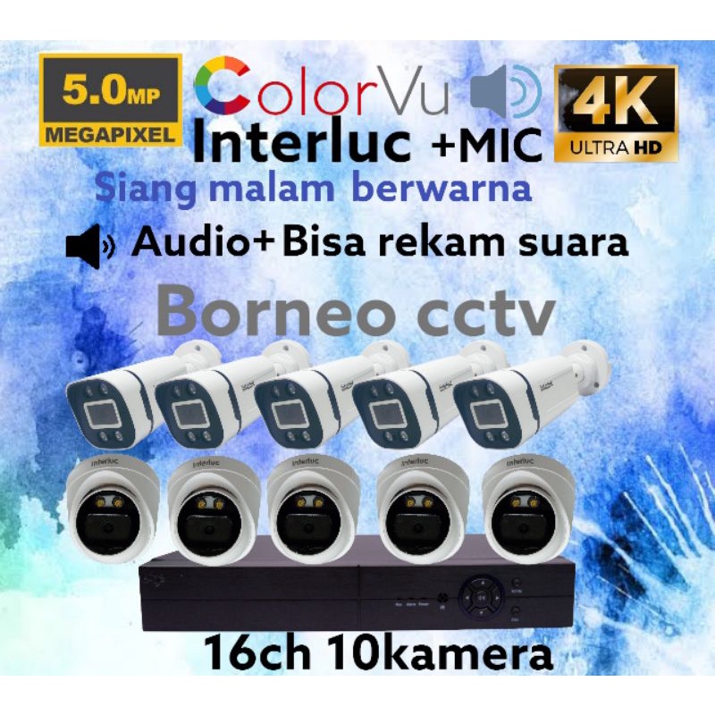 PAKET CCTV 5MP COLORVU+MIC 16 CHANNEL 10 KAMERA AUDIO FULL COLOR