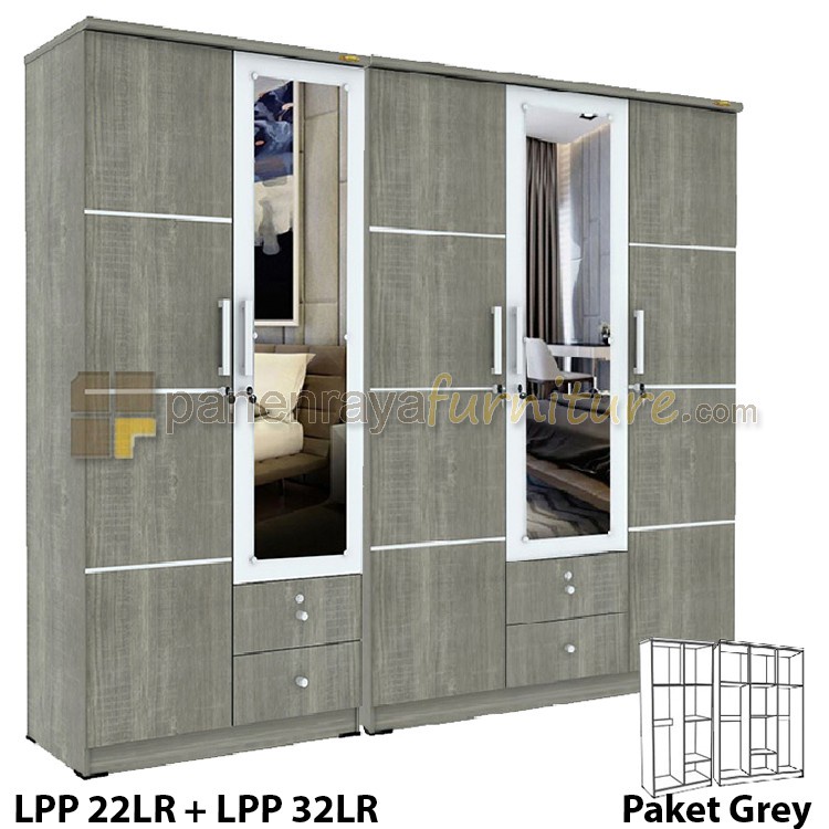 PAKET Lemari Pakaian 5 Pintu Romaro LPP22LR + LPP32LR (Grey)