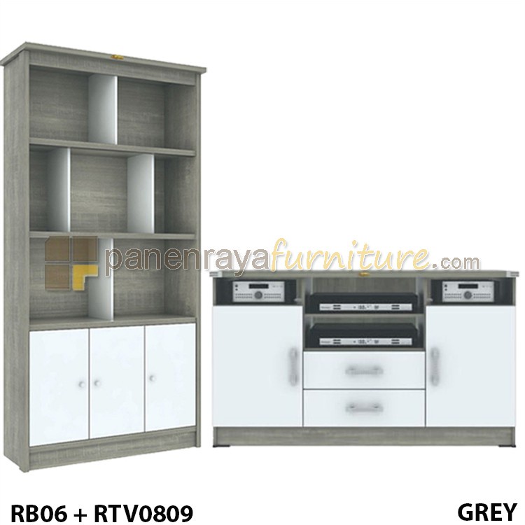 PAKET Rak Buku + Rak TV Minimalis Romaro RB06 + RTV0809 (Grey)