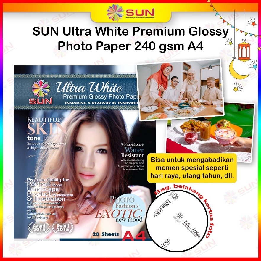 

YS96100 Kertas Foto Glossy Ultra White A4 210/240 gsm - SUN Ultra White Premium Glossy Photo Paper A4 Ketebalan 210 , 240 gsm ( Support epson/canon/hp/brother ori (dye ) - 664, 003, 673, 001 ) afz8
