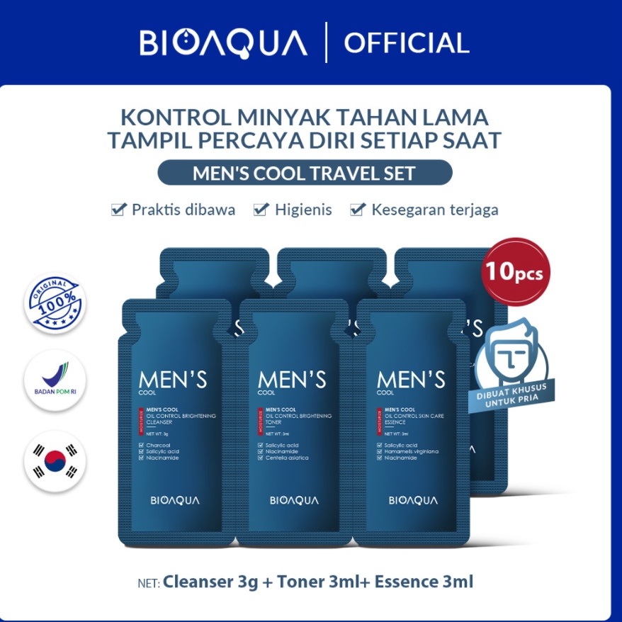 Ready BIOAQUA Men's Cool Travelling SkinCare Set Praktis Dibawa Skincare Sample Size With Cleanser/T
