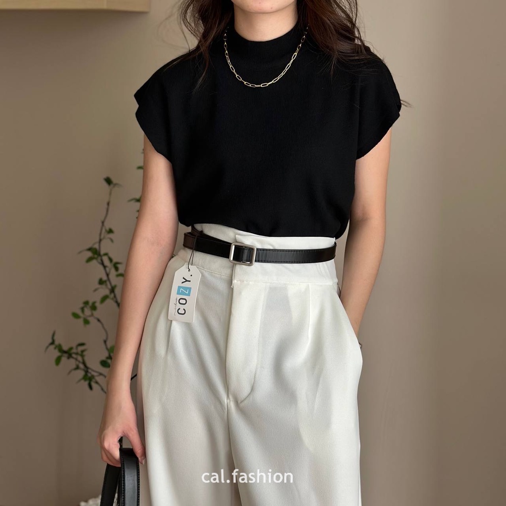 Eunji Knit Top by cal fashion Bahan Rajut Import Lembut Warna Black White Blue Light Brown Latte But