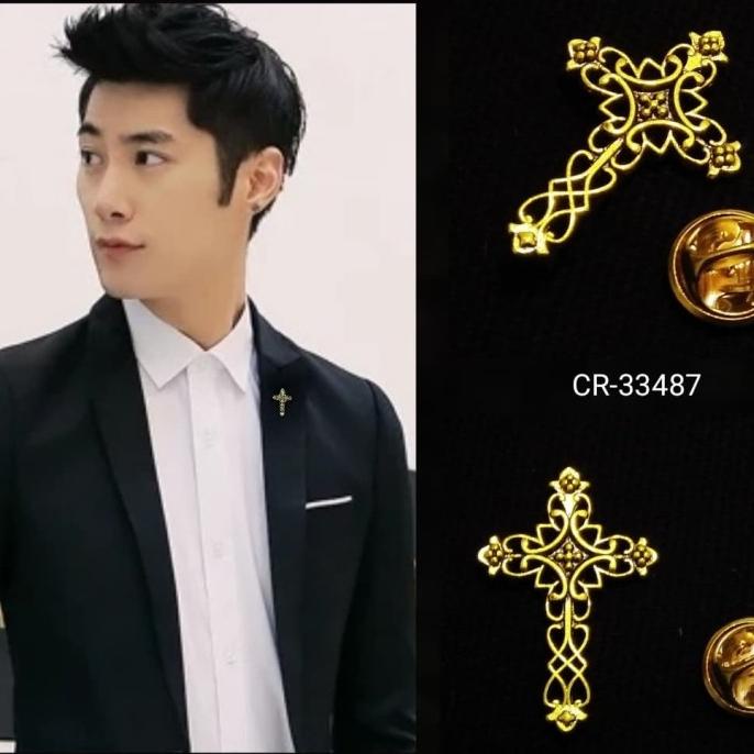 AKSESORIS METAL GOLD CROSS CLASSIC PIN BROS JAS KAMEJA MENS PRIA SALIB