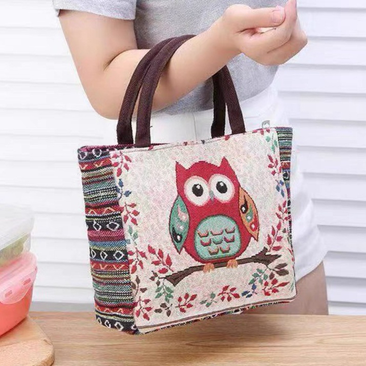 Diskon QVFDT Tas Tangan Wanita/Tas Etnik/Tas Bahan Kain Kanvas Motif Owl F86 ☍Terkini