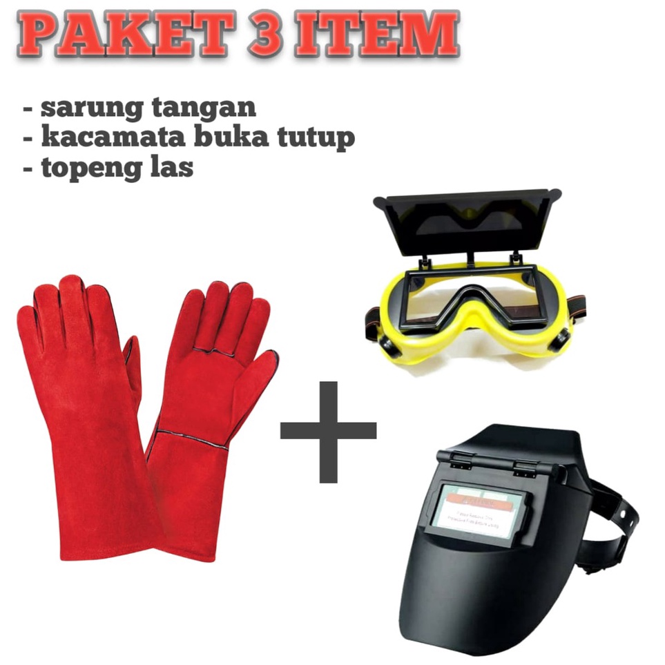 ★★★ LG PAKET HEMAT 3 item Sarung Tangan Las Kulit Merah + TOPENG Kedok Helm Las Auto Dark Otomatis G
