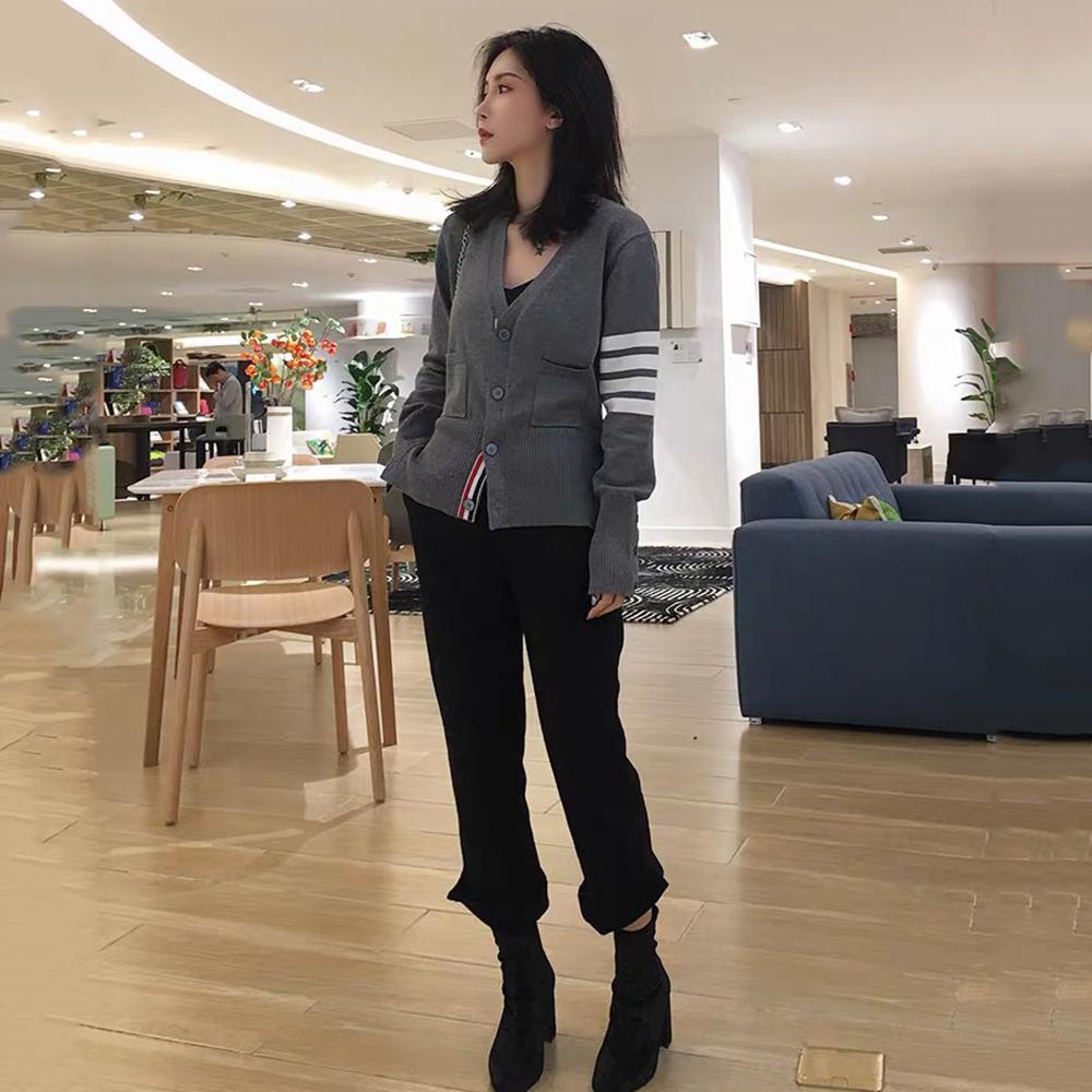 ❤TB Fashion Brand Thom Sweaters Women Slim Fit V-Neck Striped Cardigans Clothing Striped Cotton Wool