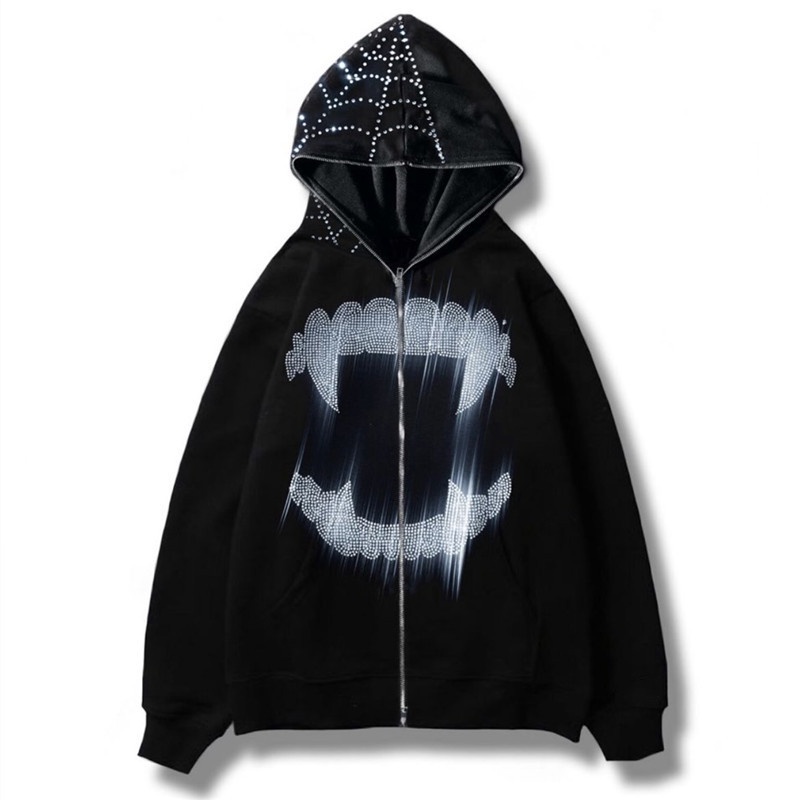 ❤Skeleton Oversized Full Zip Up Over Face Evil Rhinestone Diamond Y2k Hoodies Men Women  Jacket Zip 