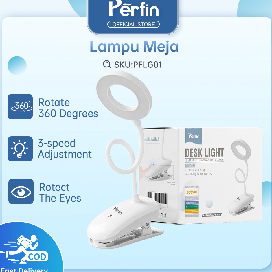 ｀ Perfin PFLG01 Lampu Meja Lampu Belajar Jepit USB LED Portable Charge Touch Screen Adjustable 7000K