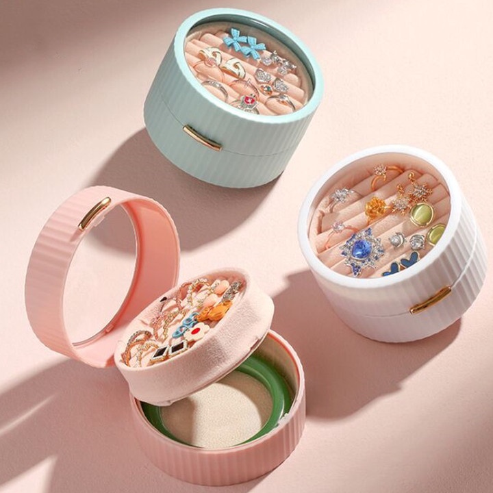 YJPL5700 Ready Stok   (SEKAT BISA DI LEPAS) Kotak Perhiasan Bulat Mini Travel Jewelry Box Penyimpana