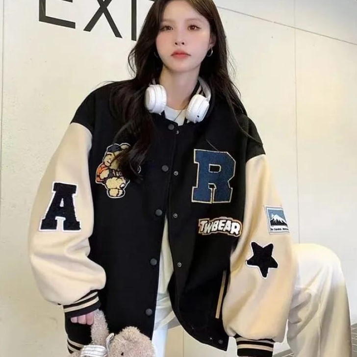7BD7B-H Vallina Outfit - R Tw Bear Baseball Jaket Varsity Korean Style Outerwear Remaja Unisex Wanit