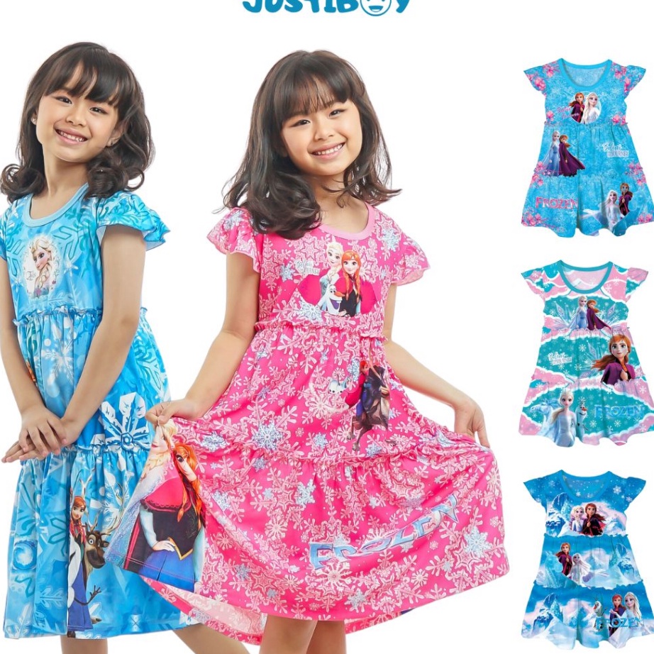 Terkini Daster Baju Frozen Anak Perempuan Lengan Ruffle / Dress Anak Elsa Frozen 2 - 10 Tahun.