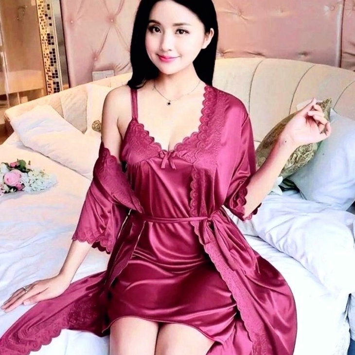 ☍☌✵❂ BAJU TIDUR KIMONO LINGERIE SEXI 2IN1 JUMBO TRICOT SATIN IMPORT Dijual