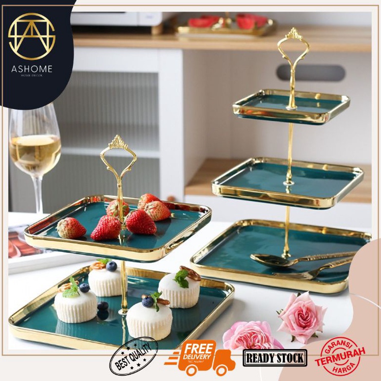 SALE. ASHOME Piring Kue Tingkat Keramik Bentuk Kotak List Emas / Square List Gold Elegant / Wadah Bu