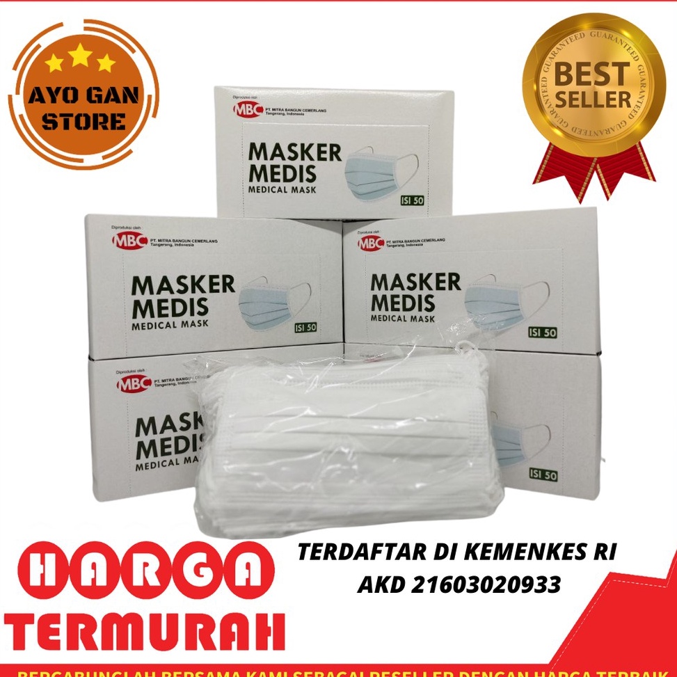 ゟ Masker Medis MBC isi 50pcs (Putih)  Termurah ░