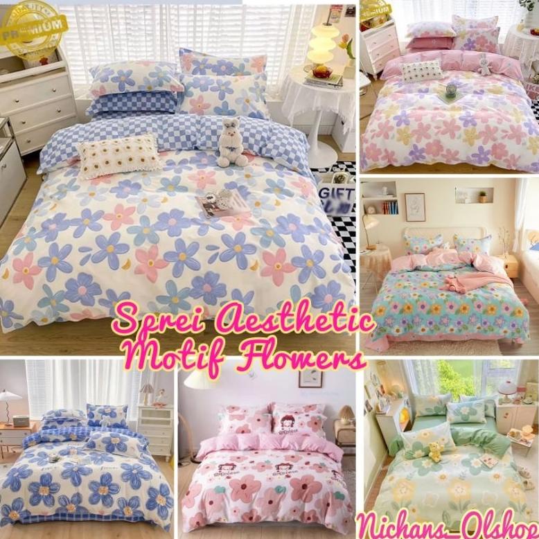 HOT SALE SPREI AESTHETIC MOTIF BUNGA FLOWER/ SEPRAI AESTHETIC KOREA STYLE / SPREI VIRAL TERMURAAHHH 