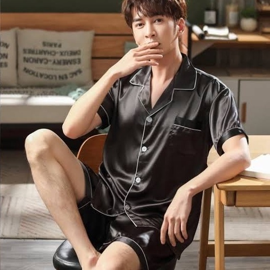 Jgn78 baju tidur satin pria celana pendek set piyama cowok lengan setelan LD 110 120 Jumbo lakiLaki 