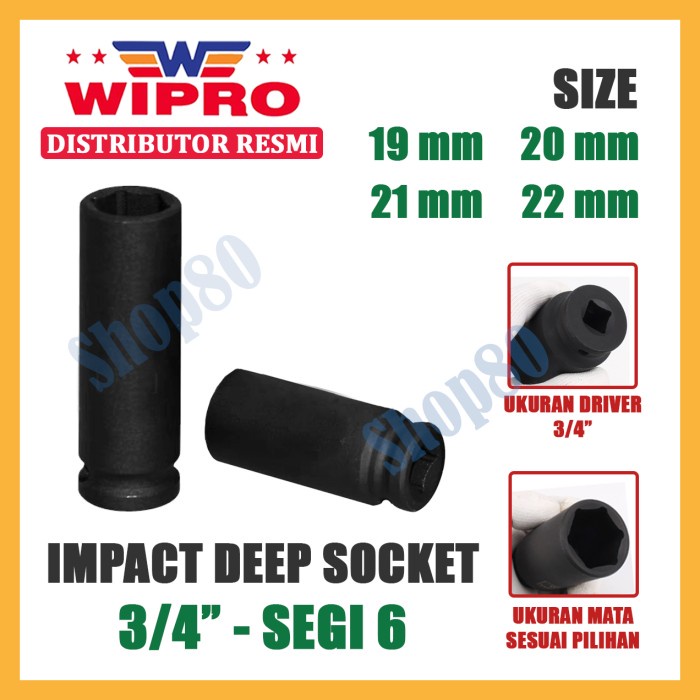 nice Wipro Mata Kunci Shock Impact Panjang Sok Sock 3/4" 6PT 19 20 21 22 mm