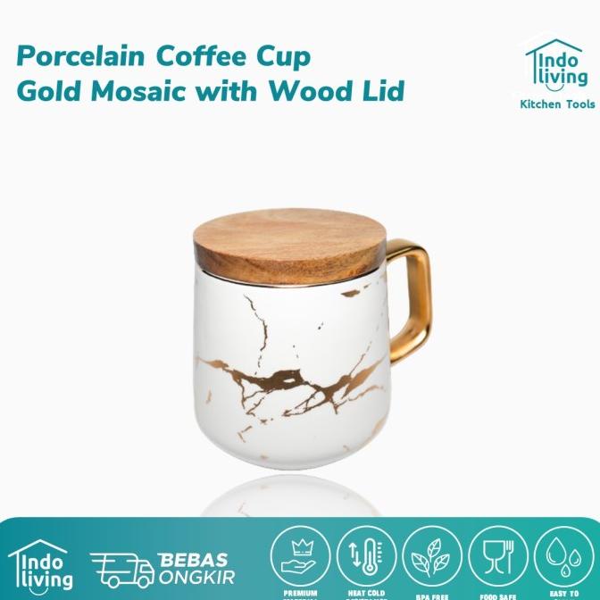 Indoliving Porcelain Cup Gold Wood Lid 300Ml - Gelas Mug Kopi Keramik