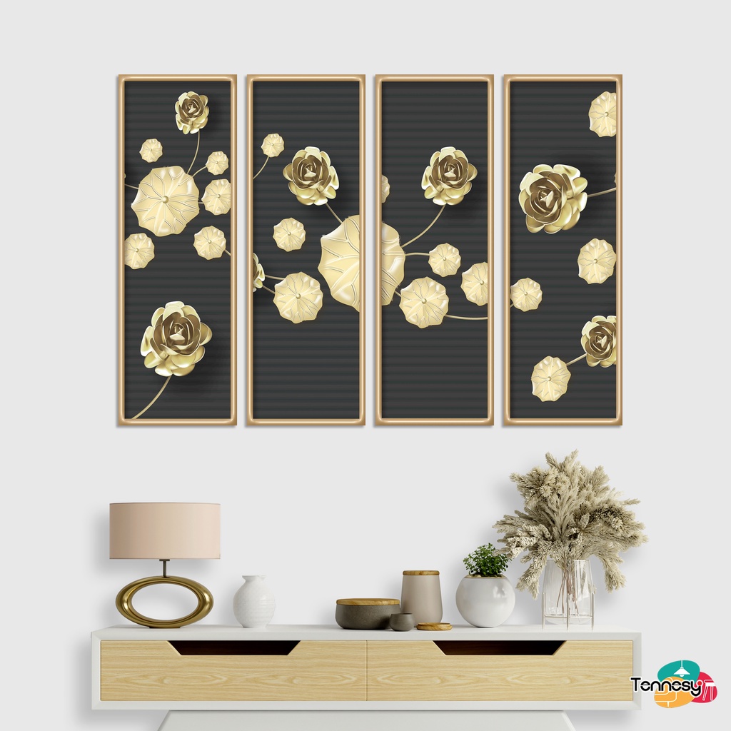 TENNESY Hiasan Dinding Bunga Frame Gold Bunga Emas Set 4 Panel Besar Dekorasi Dinding Kamar Tidur Pajangan Kayu Poster Dekorasi Rumah