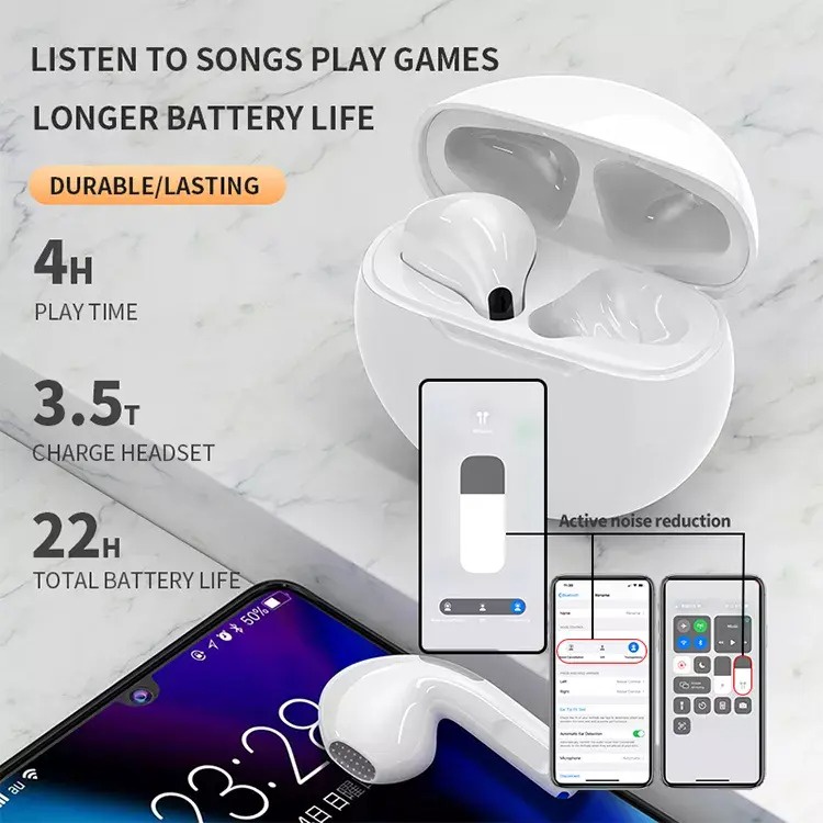 Headset Bluetooth TWS Pro 6 HiFi Stereo Earphone Sport Tahan Air With Charging Case AH071 - XOBOX