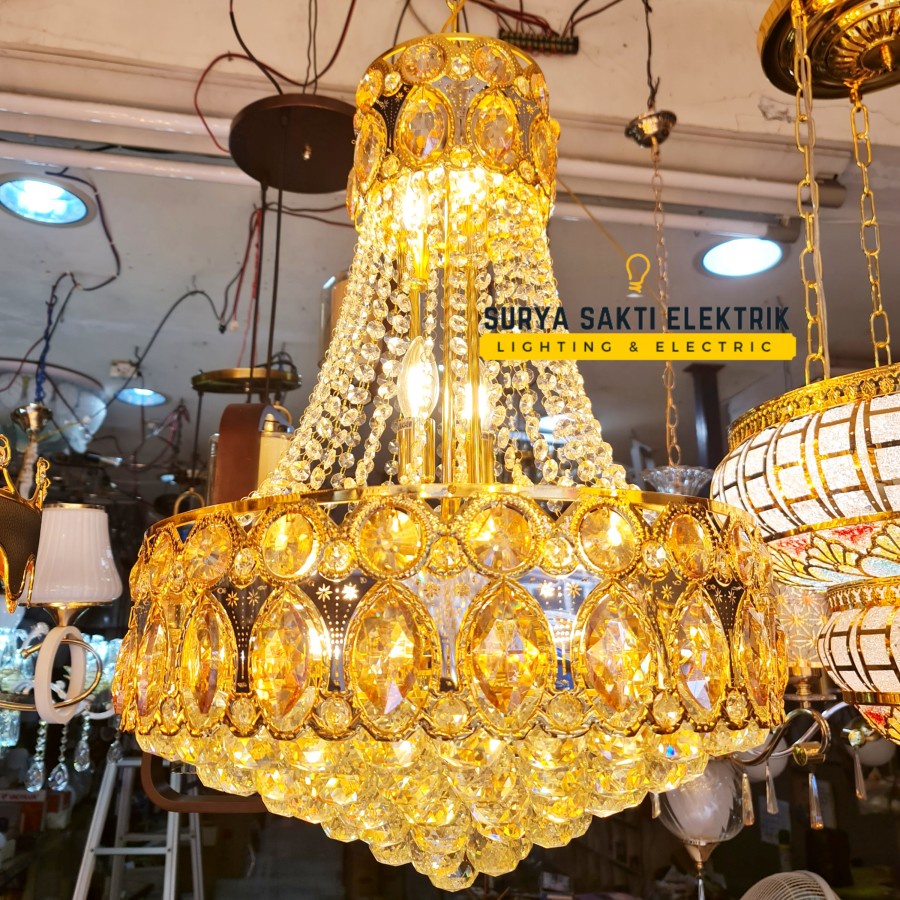 LAMPU GANTUNG KRISTAL GOLD KLASIK MODERN MEWAH EMAS BESAR