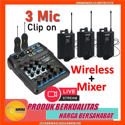Paket Mixer 3 Microphone Clip On Wireless Podcast Live