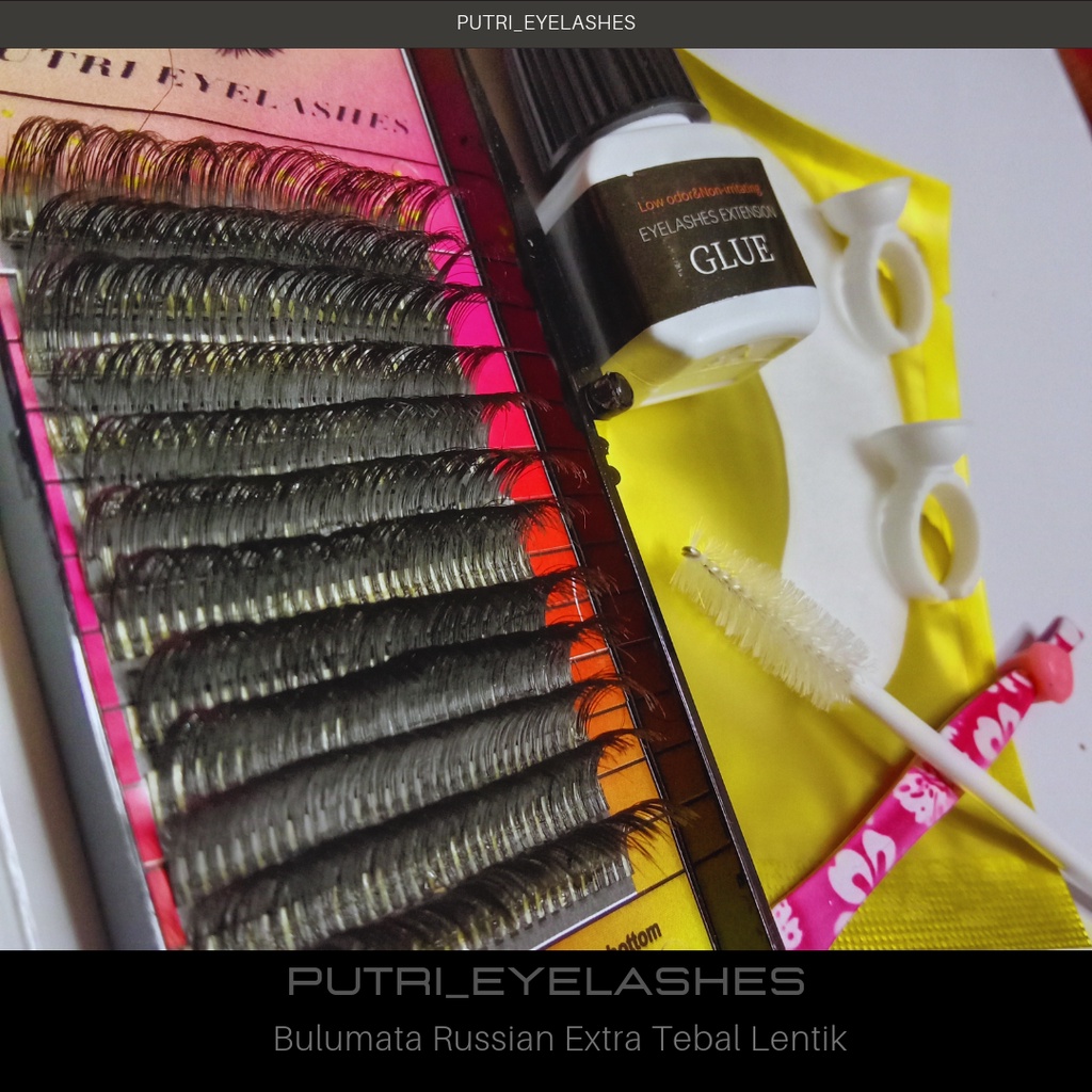 Paket Bulumata Russian Putri Eyelashes [ Merah ] - Lem Glue - Sisir Bulumata - 2 Ring Glue - pinset - Eye Gel Patches