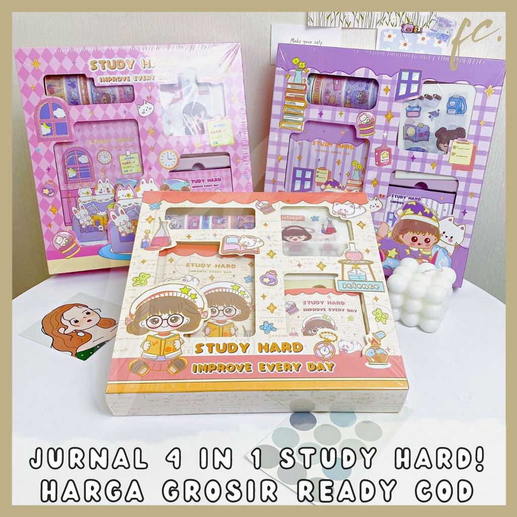 

Paket Jurnal Set 4 in 1 Agenda / Gift Box Hampers / Hadiah / Notebook Journal Diary Alat Buku Tulis Lengkap Scrapbook S-001 Cute Girl S001 Study Hard Import Grosir Ready COD