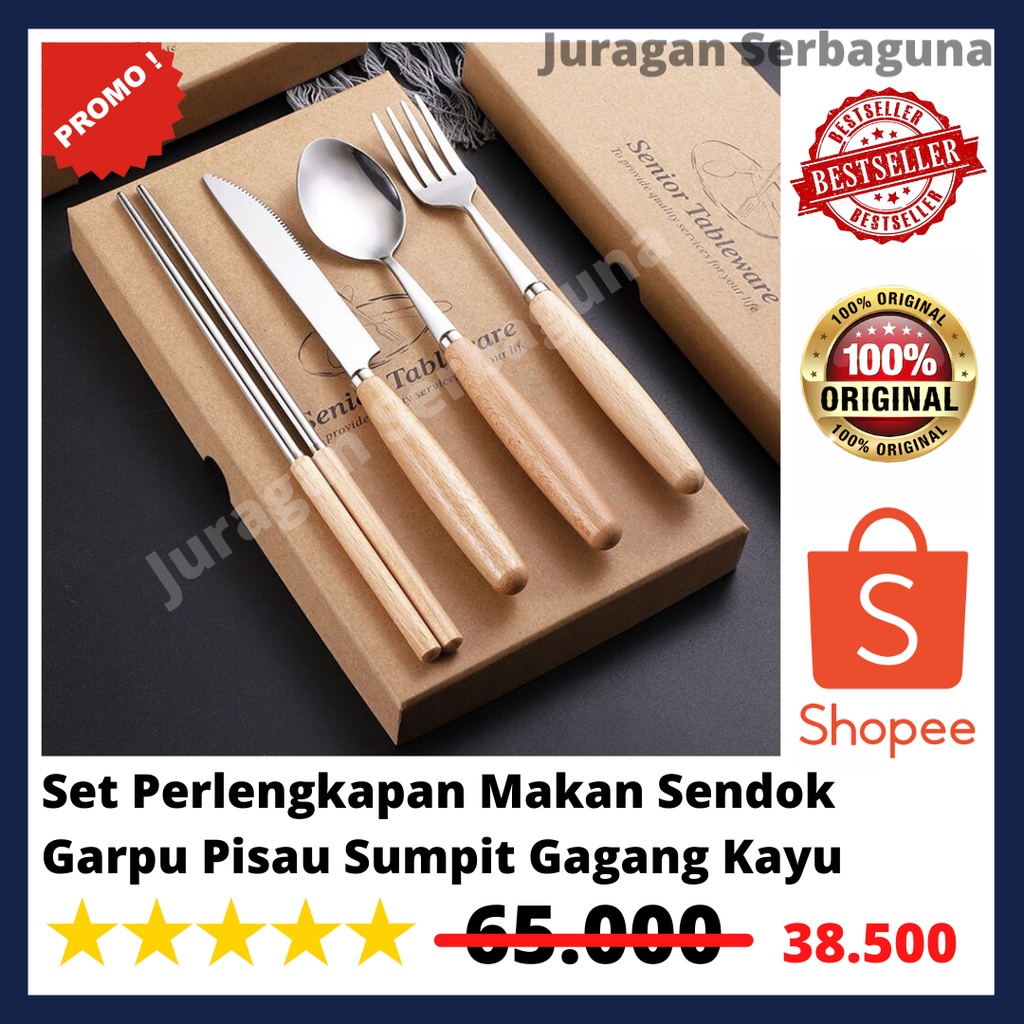 Set Perlengkapan Makan Sendok Garpu Pisau Sumpit Gagang Kayu Minimalis