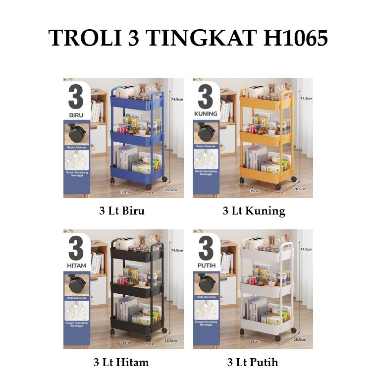 Grosir - H1065 Rak Troli 3 Tingkat / Rak Susun Serbaguna / Troli Penyimpanan Multifungsi / Keranjang Roda Susun