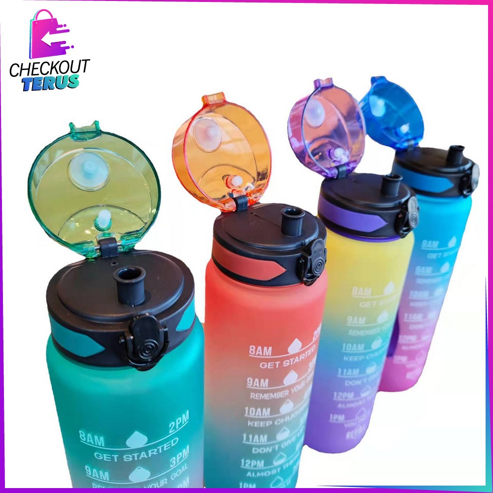 CT C407 Botol Minum 1 Liter Gradasi BPA FREE Tumbler Olahraga Unik Dengan Penanda Waktu Botol Sport Motivation