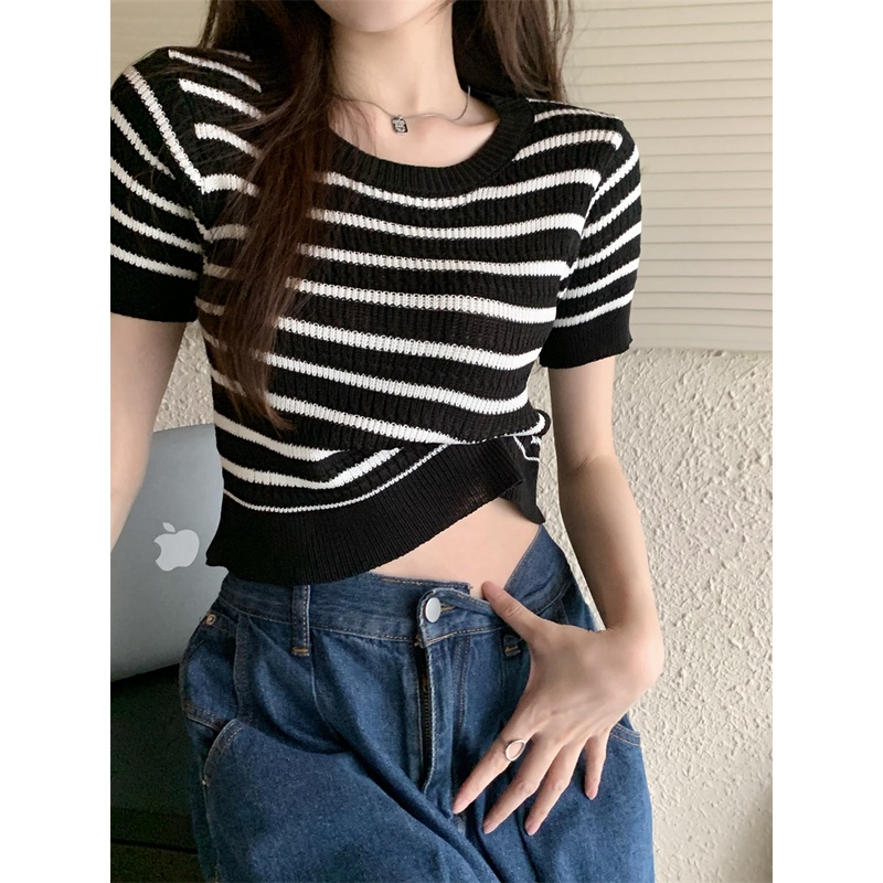 Kaos Rajut Lengan Pendek Wanita Import Atasan Korean Style Knit Crop Top Striped T-shirt