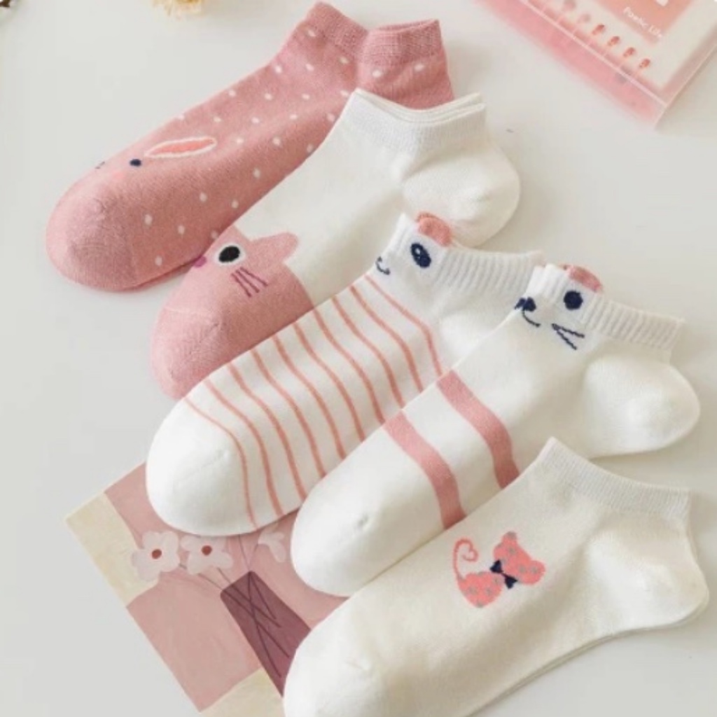 NUZ - Bundle Kaos Kaki Ankle Lucu Ankle 5 Pasang Pink