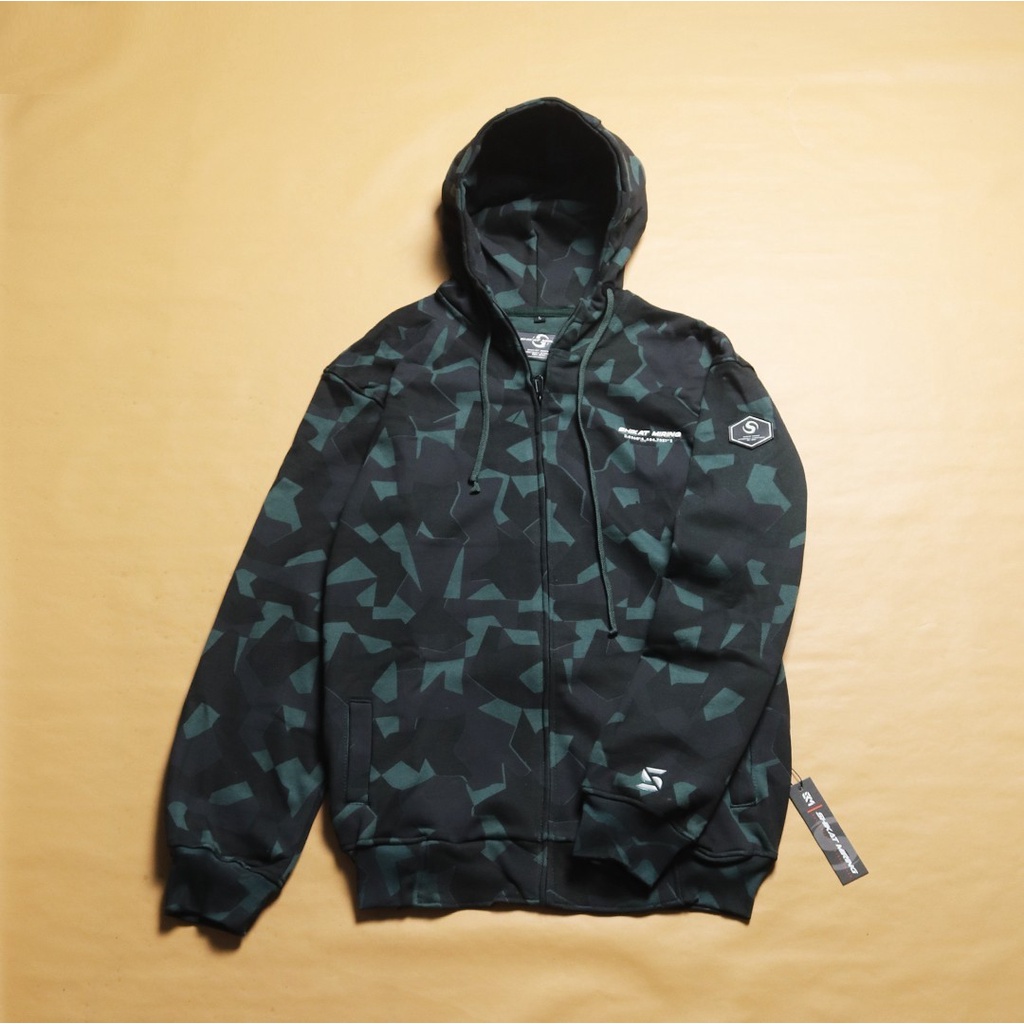 Sweater Hoodie Pria Sweater Hoodie Zipper Geometric Sweater Shikat Miring Black - Green