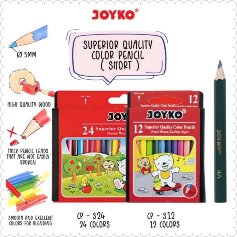 Pensil warna 12 warna, 24 warna Joyko pendek / Joyko pensil warna pendek 12 warna, 24 warna / Pensil