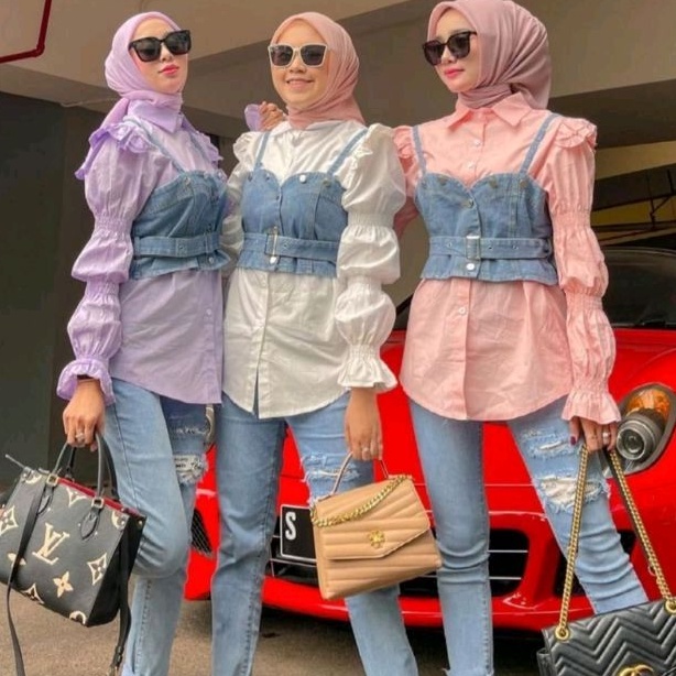 3131 ( KEMEJA set VEST JEANS) Baju atasan kemeja set VEST denim lengan panjang kerut Korea Korean st