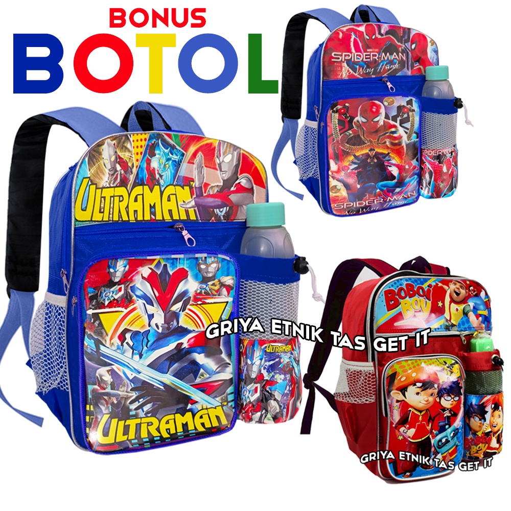 Tas Sekolah Anak Laki Laki SD Ransel Karakter Boboiboy Ultraman Spiderman BONUS BOTOL MINUM