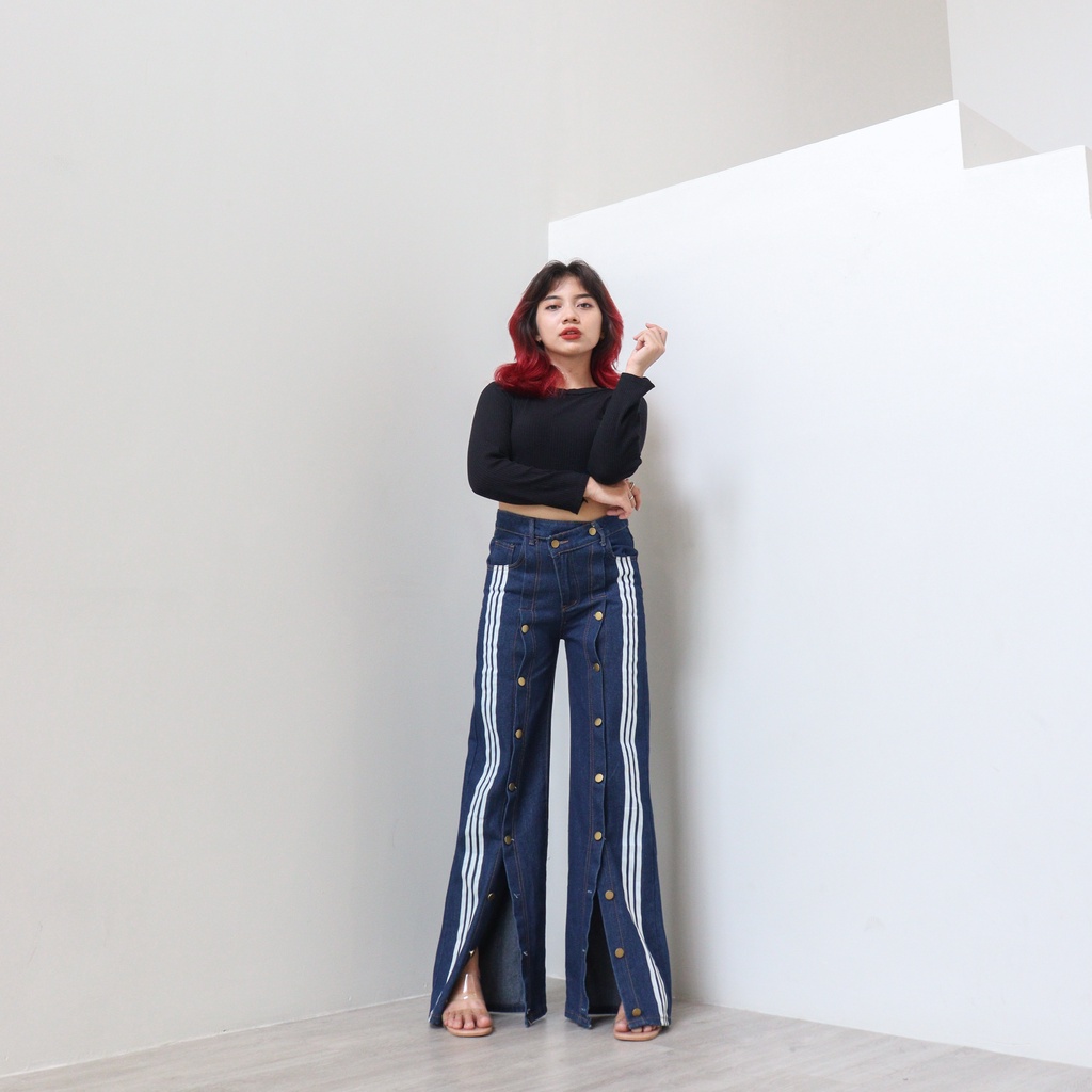 DEMORIN - X8005 - Celana Panjang Highwaist Baggy Jeans List Putih