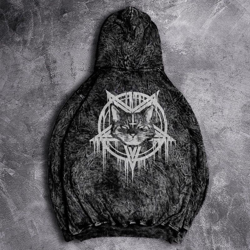 SWEATER HOODIE PRIA SANDWASH METAL AESTHETIC GREY SATANIC CAT WASHED CASUAL GOOD BRAND QUALITY REALPICT