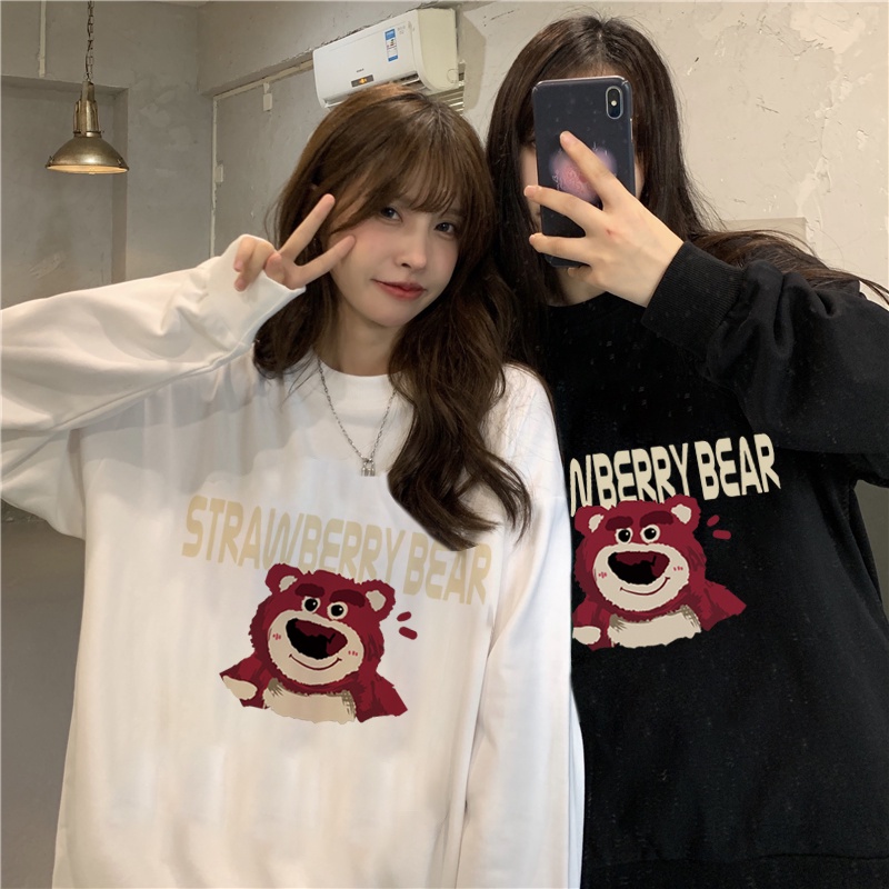 XIAOZHAINV Sweater Oversized Wanita Pink Bear Pattern Lengan Panjang Korean Style