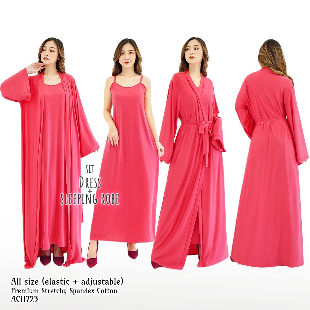 FOLVA Kimono Panjang Set inner long dress Baju Tidur Spandex 1723PSET