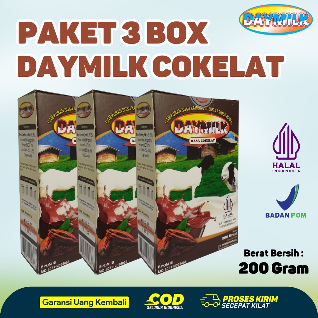 

[ PAKET 3 BOX ] Daymilk Rasa Cokelat - Susu Kambing Etawa Bubuk Premium - 200gr Halal BPOM