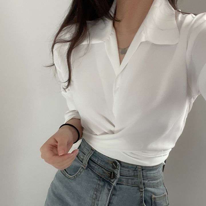 EUNII Wrap Blouse Kemeja Lengan Panjang Wanita Terbaru Crop Top Baju Wanita