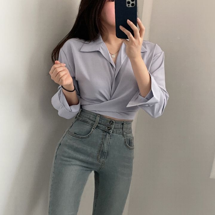 EUNII Wrap Blouse Kemeja Lengan Panjang Wanita Terbaru Crop Top Baju Wanita