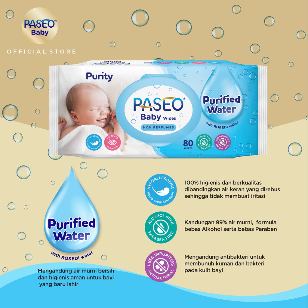 Paseo Tissue Basah Bayi / Baby Wet Wipes BUY ONE GET ONE ANTI BAKTERI PURIFIED WATER 80'S