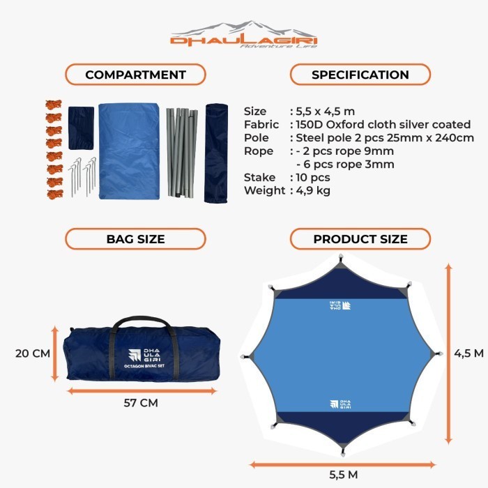 Flysheet Octagon Bivac Set Segi 8 Dhaulagiri Bivak Atap Tenda Camping Outdoor Free Tali Frame Pasak