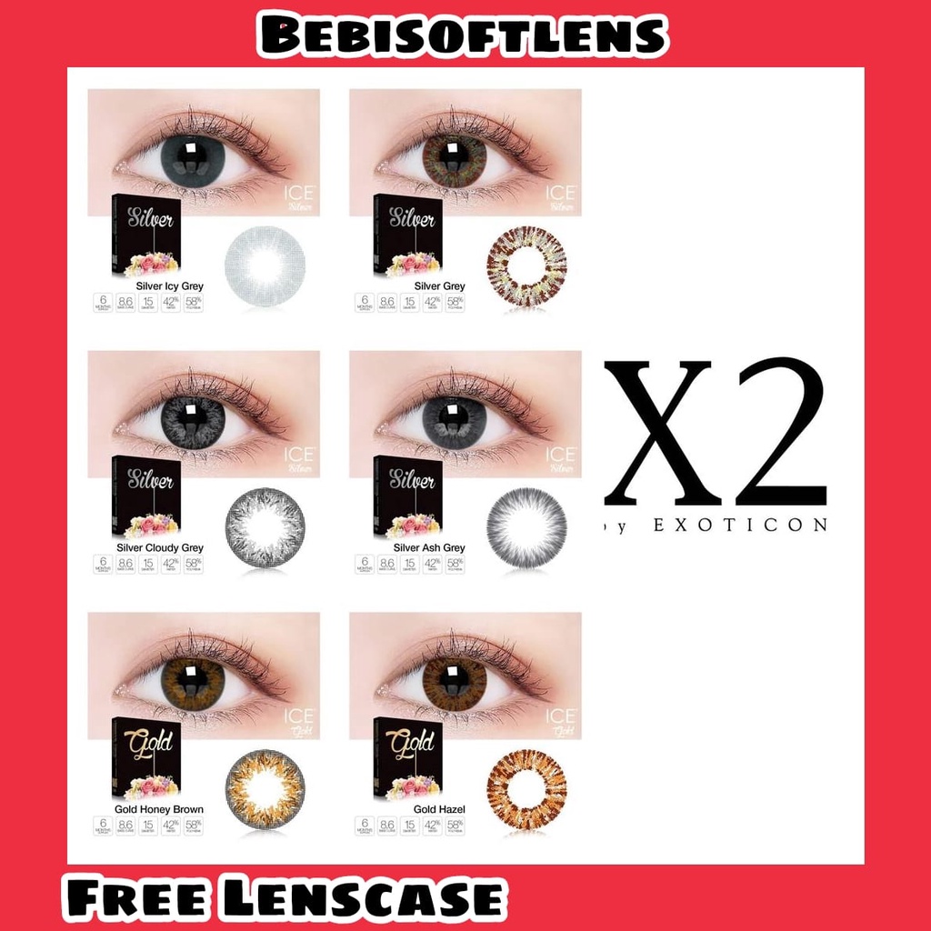 Softlens Ice Silver Gold DIA 15.00mm NORMAL &amp; MINUS HAZEL HONEY BROWN GREY(-0.50 s/d -3.00) Lensa Kontak