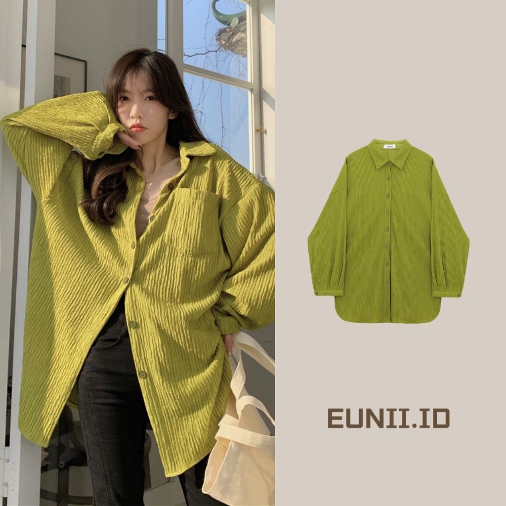 EUNII Korean Style Crinkle Blouse Oversize Kemeja Terbaru Lengan Panjang Baju Wanita